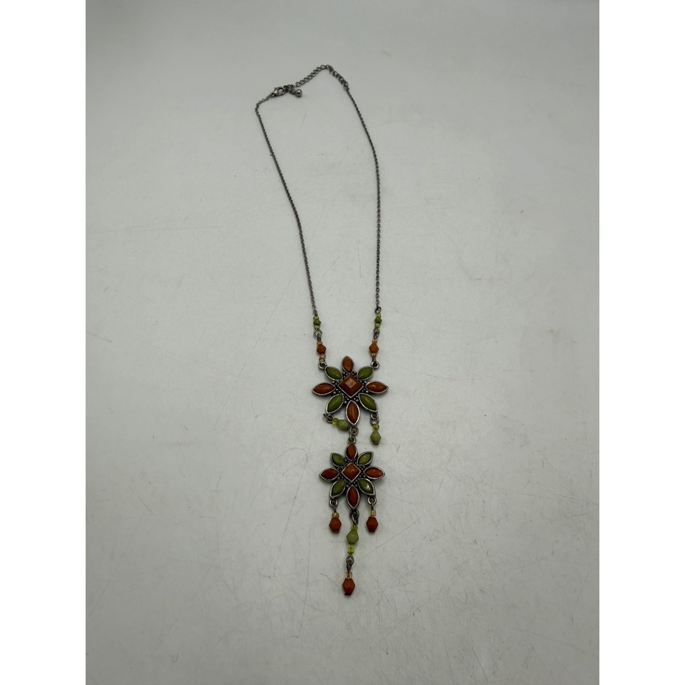 Boho Floral Drop Necklace Green Orange Earth Tone Flower Pendant Silver Tone